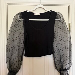 Altar'd State Black Crop Blouse with Sheer Polka Dot Sleeve